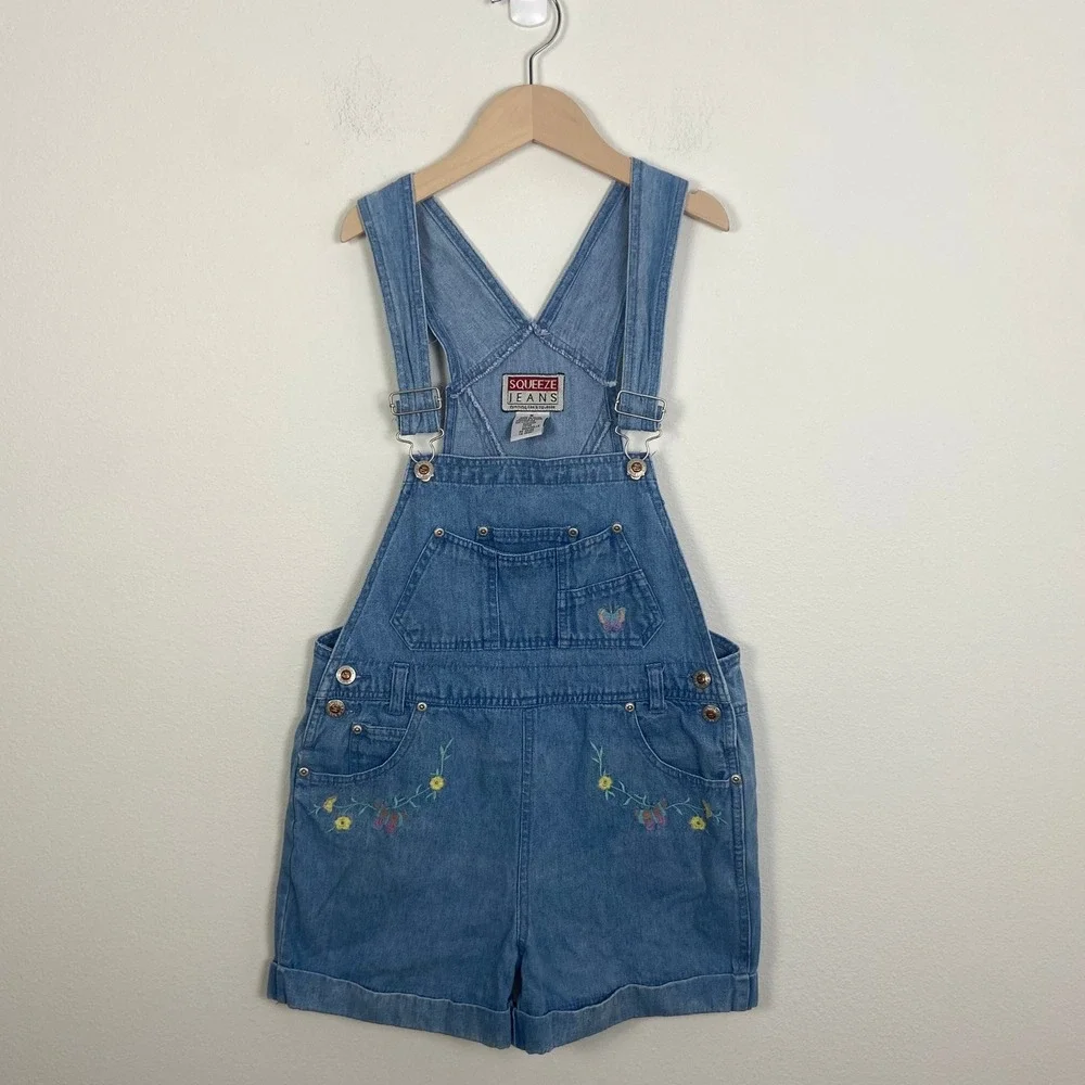 Squeeze Jeans Denim Overalls Shorts Butterfly Floral Girl's M Y2K Floral Retro